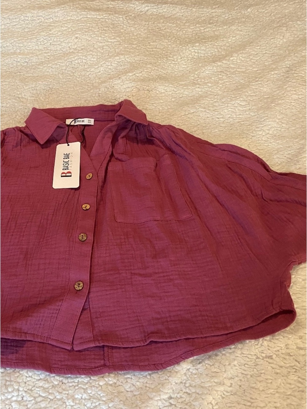 Basic Bae Fashion Women’s Cropped Cotton Gauze Button Down Shirt Small Mauve NWT